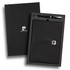 A black notebook and silver pen presented in a sleek black gift box, featuring a logo on the notebook.