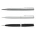 A set of three pens in silver, chrome, and black, featuring sleek designs and clips. Each pen has a logo.