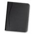 A black leather portfolio featuring smooth edges and a logo, designed for office and business use.