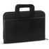 A black portfolio case with a top handle and a smooth finish, featuring an exterior pocket.