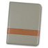A grey portfolio with a brown leather accent, featuring a smooth finish and a logo on the front.