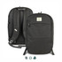 A black backpack with padded straps, featuring a logo and zippered compartments on the front and side.