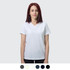 A white women's t-shirt with a v-neck design, featuring a model standing against a light grey background.