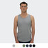 A men's grey tank top with a round neckline, featuring a logo and displayed on a model. Available in multiple colours.