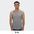 A grey men's tank top displayed on a model, featuring a simple design and a logo on the garment.