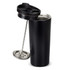 A drink bottle in matte black featuring a removable lid and a coffee press plunger inside. It includes a logo.