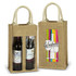 A jute double wine carrier in natural brown, featuring two wine bottles and a printed design on one side.