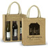 A jute tote bag with three compartments, featuring two bottles of wine and a simple house logo.
