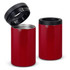 A drink bottle and cooler in glossy red with a black lid, featuring one opened and one closed.