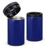 A drink bottle in a deep blue colour, featuring a black lid and a sleek design, with one bottle top off.
