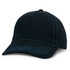 A black cap featuring contrasting blue stitching, with a structured design and a curved brim. It has a logo.