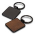 A square key ring with a black metal finish and a wooden insert, featuring a circular keychain attachment.