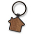 A house-shaped key ring featuring a wooden finish and a black metal ring. It has a simple, stylish design.