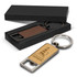A drink bottle opener key ring featuring a wooden and metal design, presented in a black gift box.