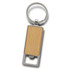 A drink bottle opener key ring featuring a silver metal finish with a beige wooden panel. It includes a circular keyring.