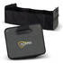 A grey trunk organiser with multiple compartments and a handle, featuring a logo on the side.