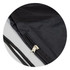 A black drawstring backpack with a zippered pocket and textured fabric detail, featuring matching black cords.