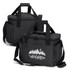 A black cooler bag with a shoulder strap and a front logo, featuring a zippered top and spacious interior.