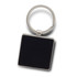 A square black key ring with a silver metal attachment. The key ring features a smooth, textured surface.
