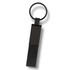 A black key ring with a sleek, rectangular design and a circular attachment loop.