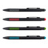 A set of four stylus pens in black with grey, red, green, and blue accents, each featuring a logo.