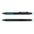 A black stylus pen with turquoise accents and grip, featuring a sleek design and a branding logo.