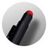 A stylus pen with a black body and a red tip, featuring a textured grip and a logo on the barrel.