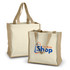 Two cream tote bags with tan handles, featuring a logo on one bag. One bag is slightly larger than the other.