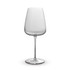 A clear glass wine glass with a ridged design and a slender stem. Features a smooth base and a stylish shape.