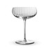 A clear glass cocktail glass with a ribbed design and a long stem, featuring a smooth, elegant bowl.