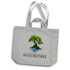 A grey tote bag with two handles featuring a tree and water design, along with a logo.