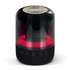 A black and transparent Bluetooth speaker with a rounded design and red illumination at the base. It features a logo.