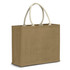 A jute tote bag in a natural brown colour with cream handles and an attached logo.