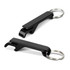 A drink bottle opener key ring in sleek black metal with a key ring attachment, featuring a simple, functional design.