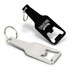 A drink bottle opener key ring set featuring a black opener with a logo and a silver opener with inscriptions.