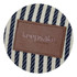 A striped picnic blanket features a brown leather tag with branding. The colours are cream and navy blue.