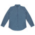 A blue denim button-up shirt with long sleeves and a collared neckline, featuring a logo.