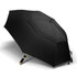 A black sports umbrella with a wooden handle and a sturdy design. It features a logo on the fabric.
