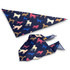 A medium pet bandana in navy blue featuring a colourful pattern of various dog silhouettes. Includes a logo.