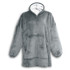 A grey fleece blanket hoodie with a large front pocket and a hood, featuring a soft interior lining.