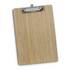 A bamboo clipboard with a silver metal clip, showcasing a natural wood finish and smooth surface.