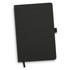 A black notebook with a textured cover, featuring a ribbon bookmark and an elastic closure. It has a logo on the cover.