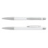 A metal pen with a white barrel and silver accents, featuring a clip and a sleek design.