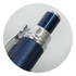 A close-up of a blue metal pen featuring a textured grip and a shiny silver clip. It has a branding logo.
