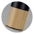 A drink bottle with a black top and a bamboo lower section, featuring a sleek, modern design. It has a logo.