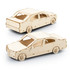 A wooden model of a sedan car, featuring detailed cutouts and a natural wood finish. Includes wheels.