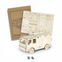 A wooden model of a fire truck in natural wood colour, accompanied by assembly instructions.