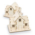Two wooden model houses with intricate details, featuring a light wood colour and a base for display.