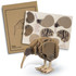 A kiwi wooden model in natural tones with a packaging sheet featuring assembly instructions and templates.