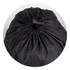 A black puffer blanket is rolled up and secured with a drawstring at the top. It has a smooth, shiny texture.